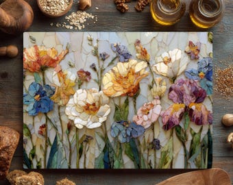 Pastel Floral Glass Cutting Board – Whimsical Kitchen Decor