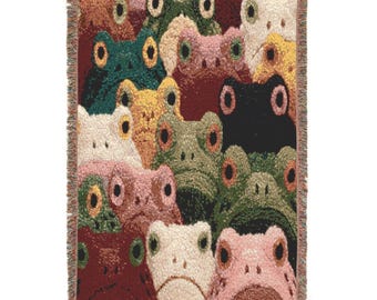 Colorful Frog Faces Woven Blanket – Cottagecore Home Decor