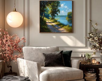 Sunny Lake & Trees Art – Summer Landscape Oil Painting, Dirt Road by Water Poster/Canvas/Framed Canvas