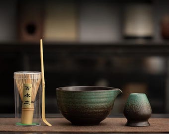 Japanese Matcha Set – Ceramic Matcha Bowl & Bamboo Whisk Kit, Handmade Pottery Tea Ceremony Set, Traditional Matcha Gift Set for Tea Lovers