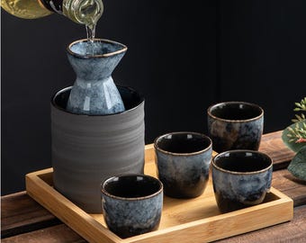 Sake set, Ceramic Drinkware Gift with Tray – Handmade Blue Glaze Carafe & Cups, Modern Artisanal Barware