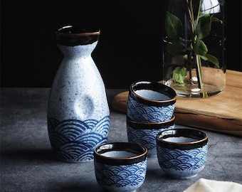Japanese Ceramic Sake Set – Blue Wave Sake Set with Cups, Handmade Sake Server & Tea Cups, Pottery Wine Warmer Set, Gift for Sake Lovers