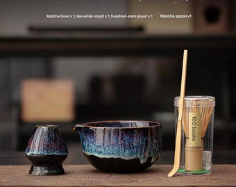 Matcha Bowl Set – Japanese Tea Ceremony Kit with Whisk & Scoop, Kiln Glazed Chawan Tea Bowl, Ceramic Matcha Set Gift for Tea Lovers