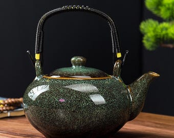 Keramische Teekanne mit Rattangriff, Japanischer Loseblattkessel, 750ml Teekanne