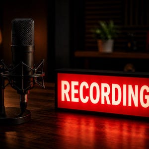 Può includere: Un microfono nero con filtro antipop è posizionato su una superficie di legno accanto a un cartello rosso illuminato con la scritta "RECORDING" in lettere bianche. Una lampadina vintage è visibile sullo sfondo.