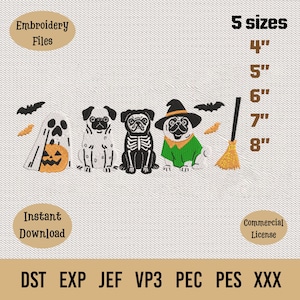 May include: An embroidery design featuring Halloween-themed pugs. The designs include a pug dressed as a ghost, a pug with a skeleton design, and a pug wearing a witch hat. The image also includes a broom and bats. The design is available in 5 sizes, from 10 cm to 20 cm.