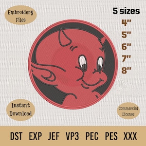 Może przedstawiać: Wzór haftu przedstawiający czerwoną twarz diabła z czarnym obrysem, dostępny w 5 rozmiarach od 10 cm do 20 cm. Obraz zawiera tekst "Embroidery Files", "Instant Download" i "Commercial License". Dostępny w formatach DST, EXP, JEF, VP3, PEC, PES i XXX.