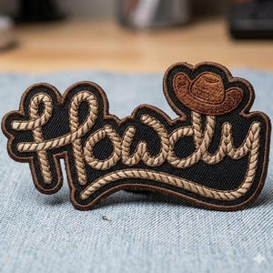 Puede incluir: Parche bordado con la palabra "Howdy" en una fuente tipo cuerda, con un sombrero de vaquero. El parche tiene un fondo negro con costuras marrones y beige. El parche es un accesorio de temática western.