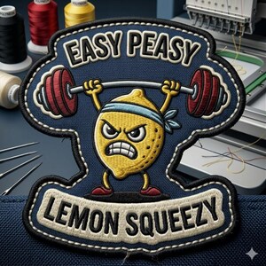May include: Embroidered patch with a lemon character lifting weights, featuring the text "EASY PEASY" above and "LEMON SQUEEZY" below. The lemon has an angry expression and is wearing a blue headband. The patch is outlined in black and white.