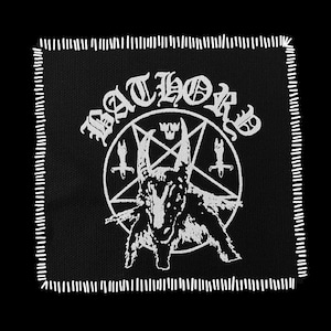 May include: Black square patch with white stitched border. The patch features the word "BATHORY" in a gothic font above a white pentagram with a goat head inside. Two swords and a crown are also visible.