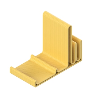 May include: A yellow, abstract, corrugated design. The object has a rectangular base with a vertical panel and a series of curved, wave-like elements. The design is rendered in a minimalist style, with a focus on form and texture.