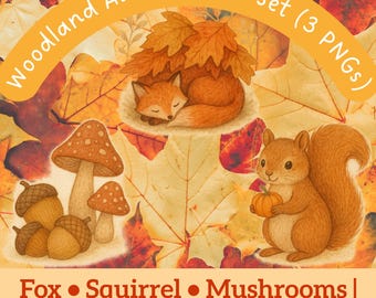 Autumn Woodland Animal PNG Bundle – Fox, Squirrel & Mushrooms – Cozy Fall Forest Clipart for Stickers, Crafts, Prints