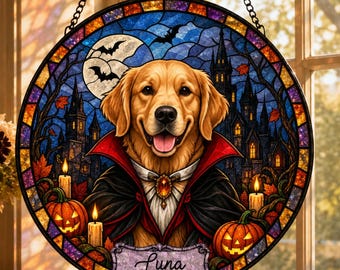 Personalized Dog Suncatcher, Custom Golden Retriever Portrait, Vampire Halloween Stained Glass, Spooky Pet Window Hanging, Dog Gift
