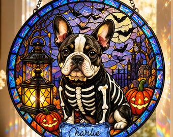 Personalized French Bulldog Suncatcher, Custom Dog Portrait, Halloween Skeleton Stained Glass, Spooky Window Hanging, Frenchie Gift