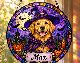 Custom Halloween Pet Suncatcher, Personalized Dog or Cat Name Stained Glass, Pumpkin Window Hanging, Pet Lover Gift