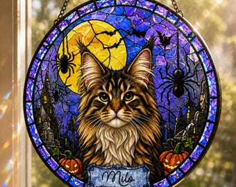 Custom Maine Coon Suncatcher, Personalized Halloween Cat Portrait, Spider Stained Glass Window Hanging, Spooky Gothic Pet Lover Gift