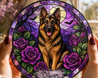 Personalized German Shepherd Suncatcher, Custom Dog Portrait, Purple Rose Stained Glass, Halloween Pet Window Hanging, Dog Lover Gift