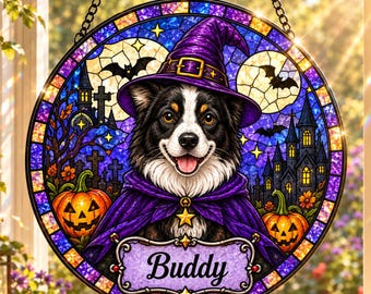 Personalized Dog Witch Suncatcher, Halloween Pet Stained Glass Window Hanging, Custom Dog Name Decor, Pet Lover Gift