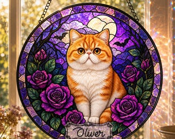 Custom Cat Portrait Suncatcher, Personalized Orange Cat Gift, Purple Rose Stained Glass Window Hanging, Halloween Pet Lover Decor