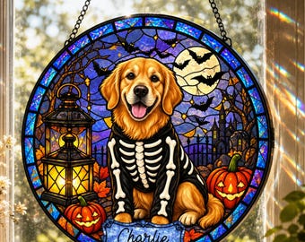 Personalized Dog Suncatcher, Custom Golden Retriever Portrait, Halloween Skeleton Dog Stained Glass, Spooky Pet Window Hanging Gift