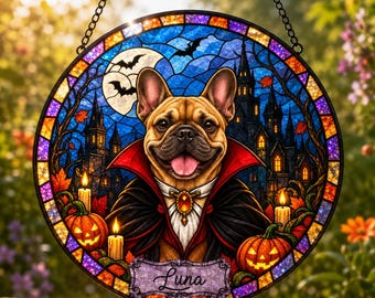 Personalized French Bulldog Suncatcher, Custom Vampire Dog Portrait, Halloween Stained Glass Window Hanging, Spooky Frenchie Lover Gift