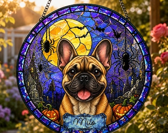 Personalized French Bulldog Suncatcher, Custom Pet Portrait, Spider Halloween Stained Glass, Spooky Dog Window Hanging, Frenchie Gift