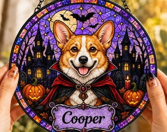Personalized Vampire Dog Suncatcher, Custom Pet Name Halloween Stained Glass, Pumpkin Window Hanging, Spooky Dog Decor