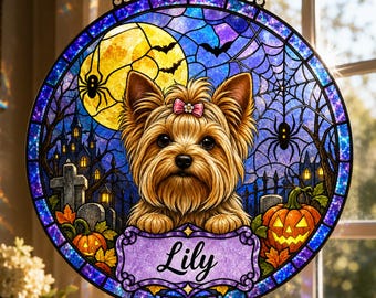 Personalized Halloween Dog Suncatcher, Custom Yorkie Pet Name Window Hanging, Stained Glass Dog Decor, Spooky Pet Lover Gift