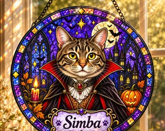 Personalized Halloween Cat Suncatcher, Custom Cat Name Stained Glass, Vampire Cat Window Hanging, Spooky Cat Lover Gift