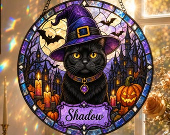 Personalized Black Cat Halloween Suncatcher, Custom Pet Name Witch Cat Window Hanging, Stained Glass Decor, Spooky Cat Lover Gift