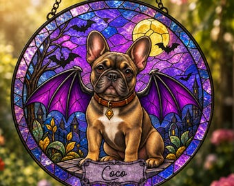 Custom French Bulldog Suncatcher, Personalized Halloween Dog Portrait, Bat Wing Stained Glass Window Hanging, Spooky Frenchie Lover Gift