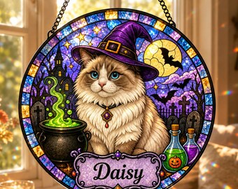 Custom Cat Halloween Suncatcher, Personalized Pet Name Window Decor, Witch Cat Stained Glass Hanging, Halloween Cat Gift