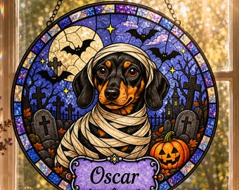 Halloween Dog Suncatcher, Personalized Pet Name Stained Glass Window Hanging, Skeleton Dog Decor, Spooky Dog Lover Gift