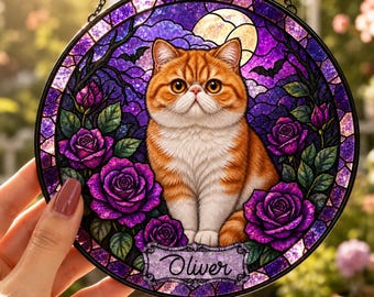 Personalized Cat Suncatcher, Custom Orange Cat Portrait, Purple Rose Stained Glass, Halloween Window Hanging, Spooky Cat Lover Gift