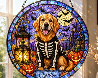 Custom Golden Retriever Suncatcher, Personalized Halloween Dog Portrait, Skeleton Stained Glass Window Hanging, Spooky Dog Lover Gift