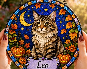 Halloween Pet Window Suncatcher, Personalized Dog Cat Name Stained Glass Decor, Spooky Pumpkin Hanging, Pet Owner Gift