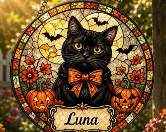 Personalized Cat Halloween Window Hanging, Custom Pet Name Stained Glass Suncatcher, Pumpkin Cat Decor, Cat Lover Gift