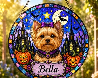 Personalized Pet Stained Glass Suncatcher, Halloween Dog Window Decor, Custom Pet Name Pumpkin Hanging, Dog Lover Gift