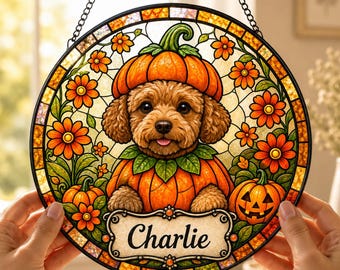 Personalized Halloween Pet Suncatcher, Custom Dog Name Stained Glass, Pumpkin Pet Window Hanging, Halloween Dog Lover Gift