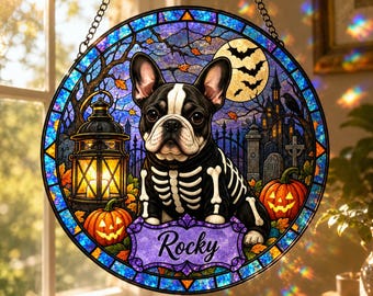 Personalized Halloween Dog Suncatcher, Custom Skeleton Dog Window Hanging, Stained Glass Pet Decor, Spooky Dog Lover Halloween Gift