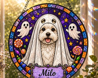 Halloween Ghost Dog Suncatcher, Personalized Pet Name Stained Glass Window Decor, Custom Spooky Dog Hanging, Pet Lover Gift