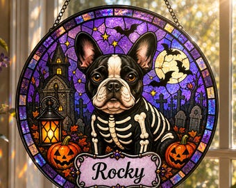 Custom Dog Halloween Suncatcher, Personalized Pet Name Window Hanging, Stained Glass Dog Decor, Spooky Pet Lover Gift