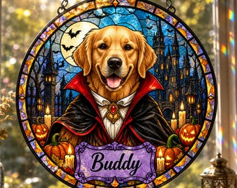Personalized Halloween Dog Suncatcher, Custom Vampire Dog Window Hanging, Stained Glass Pet Decor, Spooky Dog Lover Gift