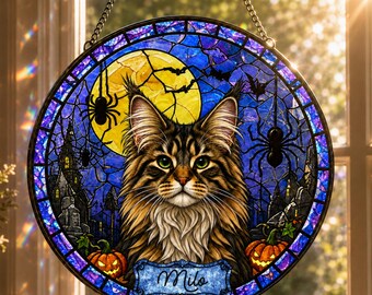 Personalized Maine Coon Suncatcher, Custom Cat Portrait, Spider Halloween Stained Glass Window Hanging, Gothic Cat Lover Gift