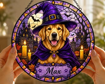 Personalized Halloween Dog Suncatcher, Custom Witch Dog Pet Name Window Hanging, Stained Glass Halloween Decor, Dog Lover Gift