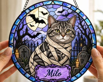 Personalized Halloween Cat Suncatcher, Custom Mummy Cat Window Hanging, Stained Glass Pet Decor, Spooky Cat Lover Halloween Gift