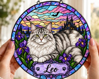 Personalized Halloween Cat Suncatcher, Custom Pet Name Stained Glass Window Hanging, Spooky Cat Decor, Halloween Cat Lover Gift