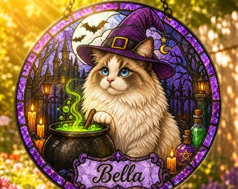 Personalized Halloween Cat Suncatcher, Custom Pet Name Witch Cat Window Hanging, Stained Glass Halloween Decor, Cat Lover Gift