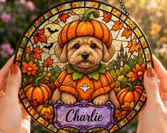 Personalized Halloween Dog Suncatcher, Custom Pet Name Window Hanging, Pumpkin Dog Stained Glass Decor, Fall Pet Lover Gift