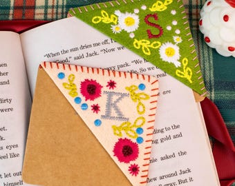 Personalized Embroidered Corner Bookmark: Initial & Floral Satin Page Keeper
